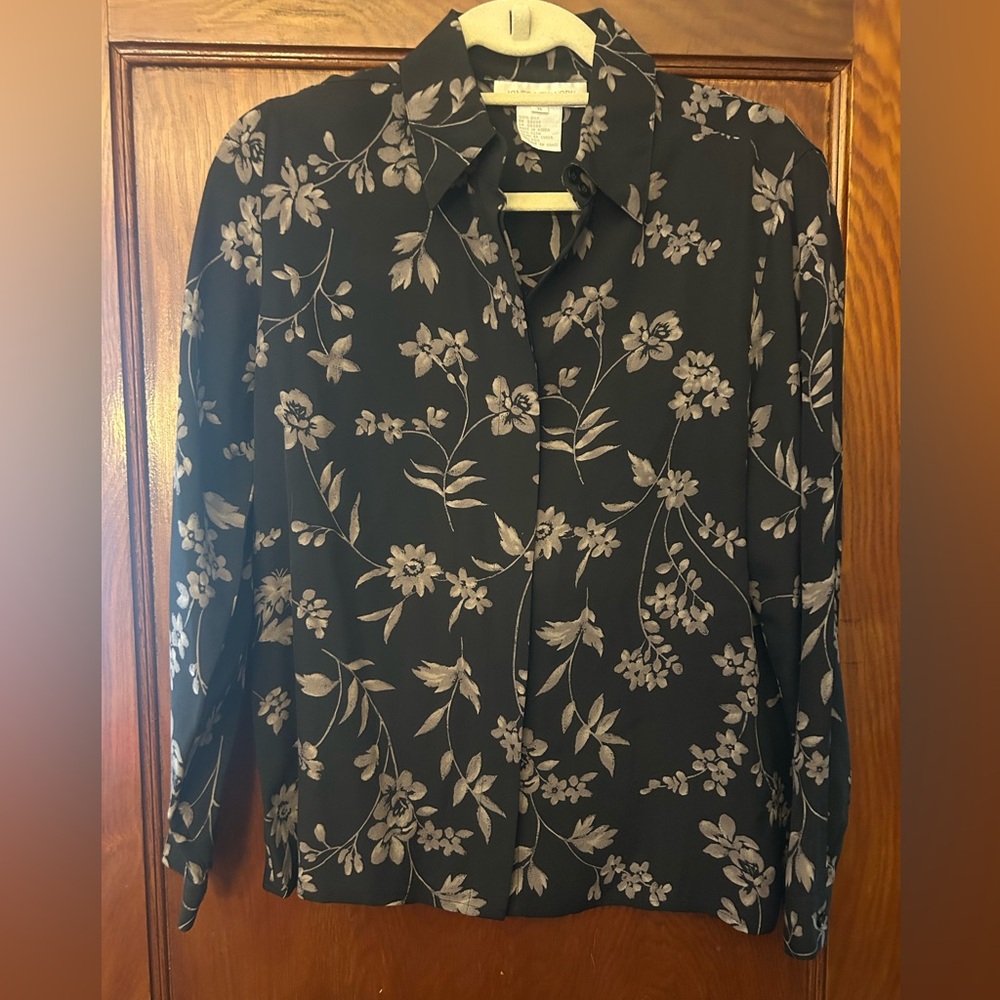 Vintage 90's Jones New York 100% Silk Floral Button Down Blouse Black Size 8